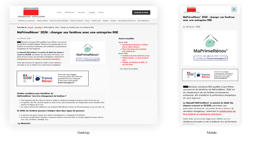 Exemple de page de menuisier avec le bandeau France Rénov’ placé près du texte, sur ordinateur et mobile